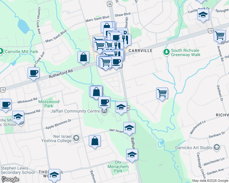 map of restaurants, bars, coffee shops, grocery stores, and more near 20 Crestridge Drive in Vaughan