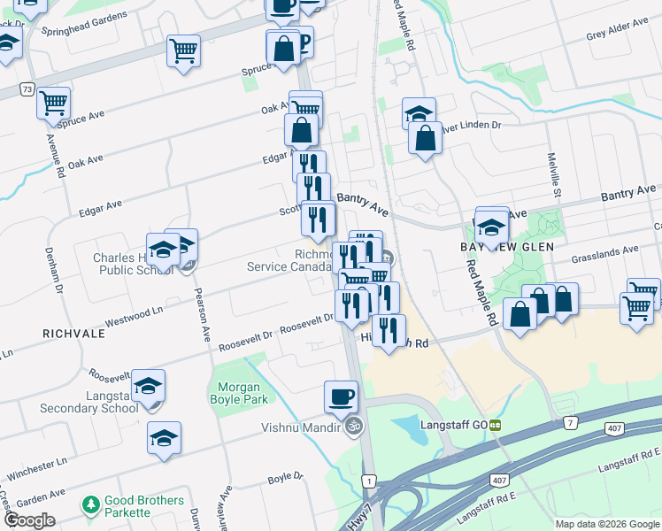 map of restaurants, bars, coffee shops, grocery stores, and more near 8888 Yonge Street in Richmond Hill