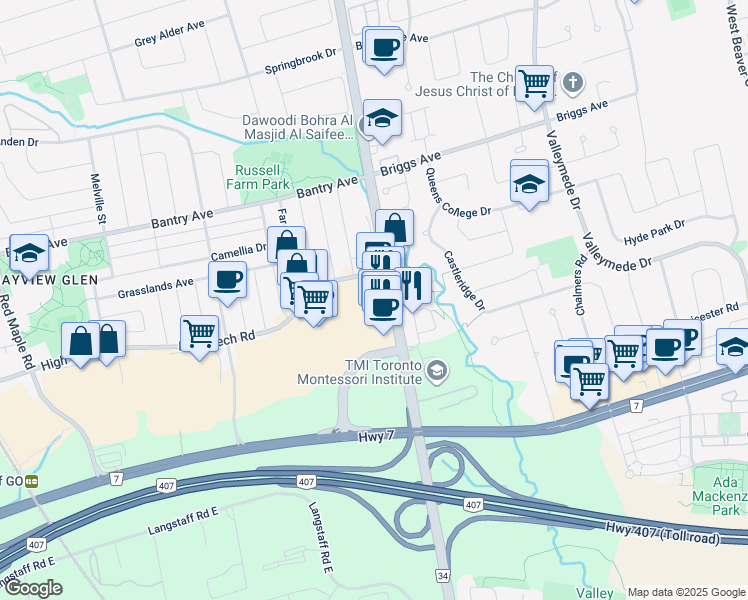 map of restaurants, bars, coffee shops, grocery stores, and more near 8736 Bayview Avenue in Richmond Hill