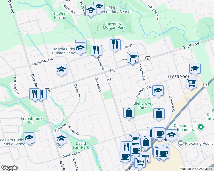 map of restaurants, bars, coffee shops, grocery stores, and more near 1980 Liverpool Road in Pickering