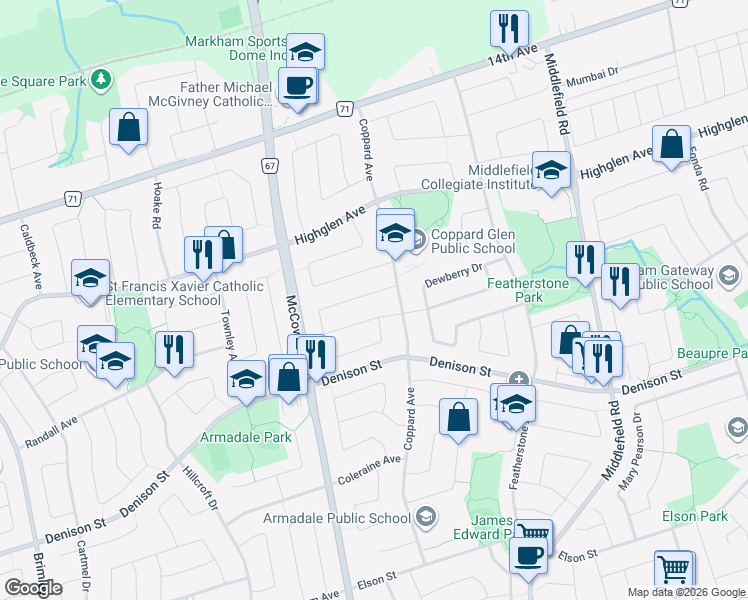 map of restaurants, bars, coffee shops, grocery stores, and more near in Markham