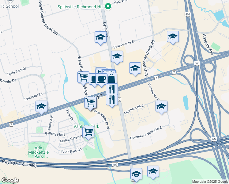 map of restaurants, bars, coffee shops, grocery stores, and more near 8500 Leslie Street in Markham