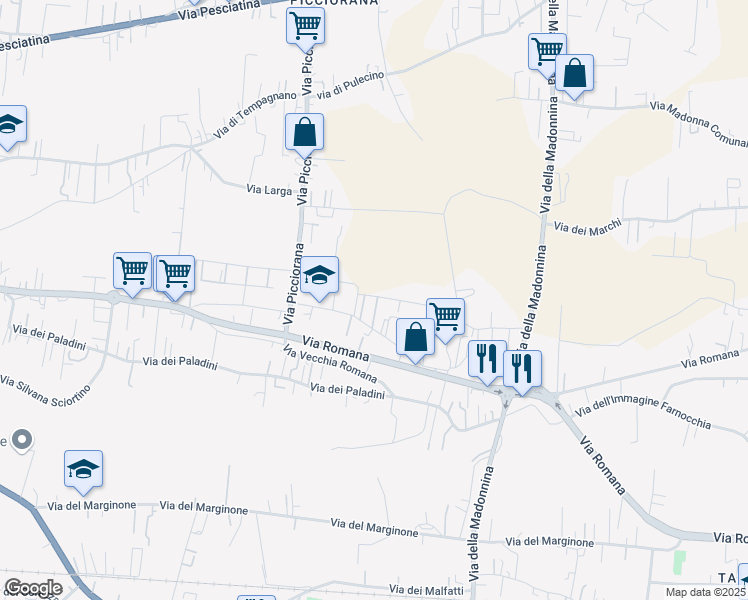 map of restaurants, bars, coffee shops, grocery stores, and more near 291/D Via Fonda in Lucca