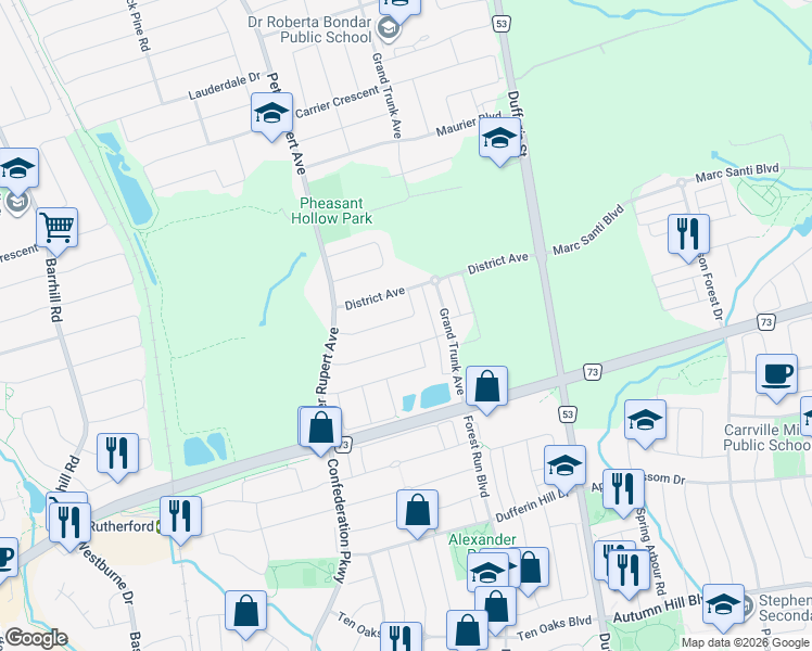 map of restaurants, bars, coffee shops, grocery stores, and more near in Vaughan