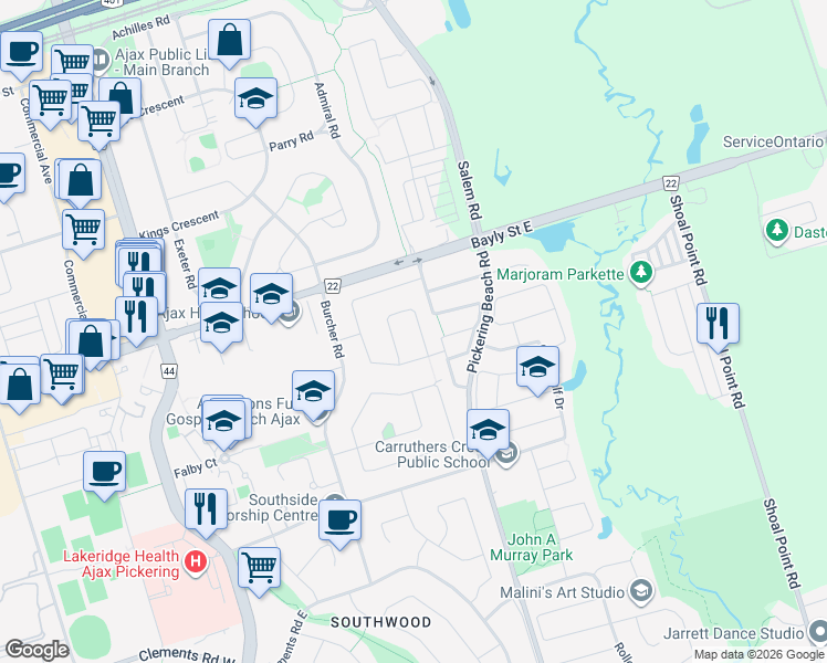map of restaurants, bars, coffee shops, grocery stores, and more near 14 Thorncroft Crescent in Ajax