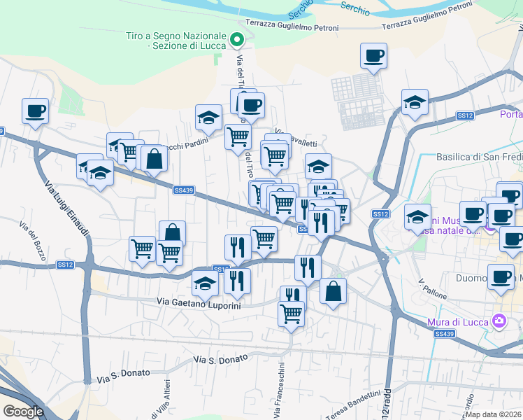 map of restaurants, bars, coffee shops, grocery stores, and more near 371 Viale Giacomo Puccini in Lucca