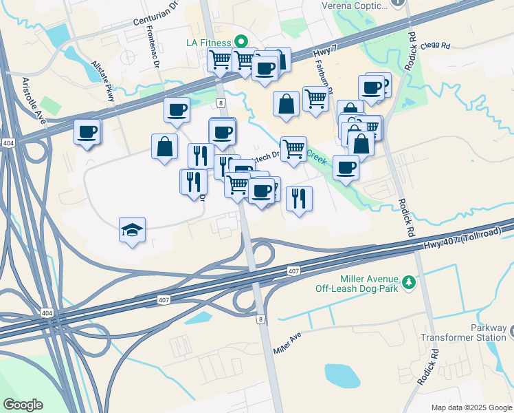 map of restaurants, bars, coffee shops, grocery stores, and more near 8261 Woodbine Avenue in Markham