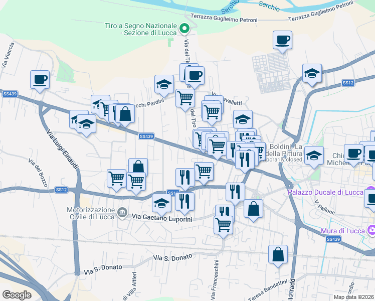 map of restaurants, bars, coffee shops, grocery stores, and more near 371 Viale Giacomo Puccini in Lucca