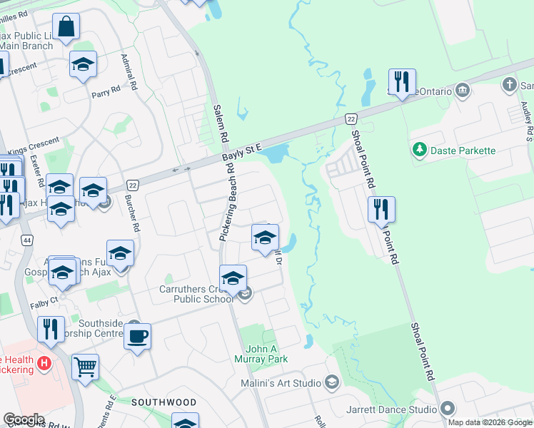 map of restaurants, bars, coffee shops, grocery stores, and more near 83 Greenhalf Drive in Ajax