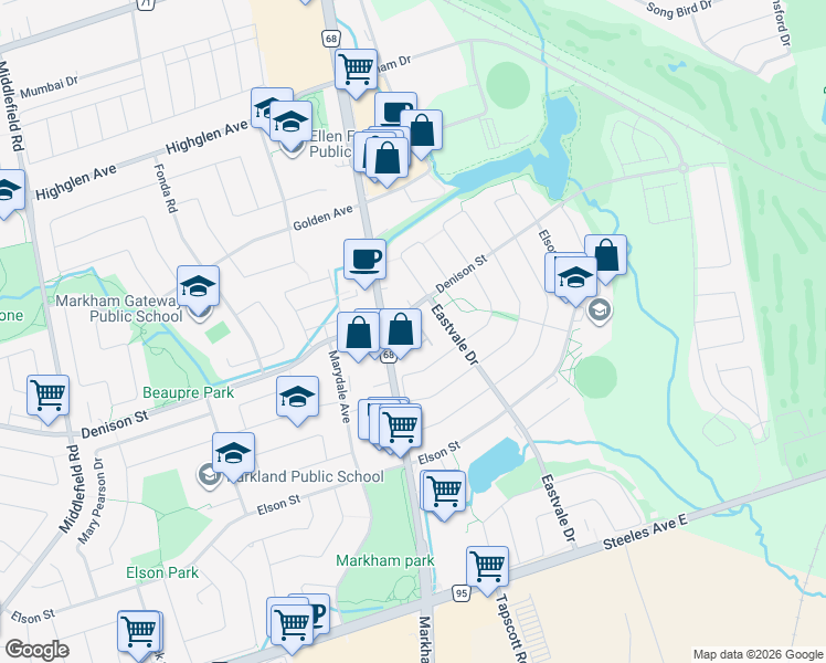 map of restaurants, bars, coffee shops, grocery stores, and more near in Markham