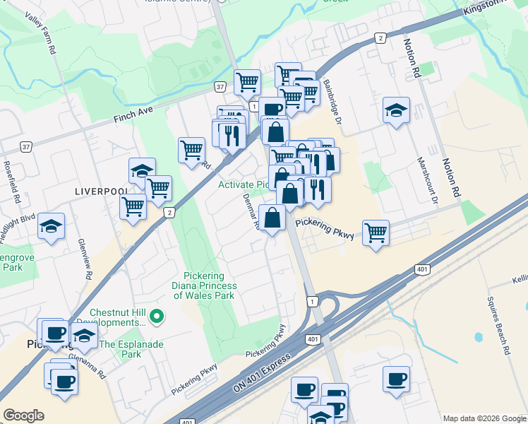 map of restaurants, bars, coffee shops, grocery stores, and more near 1691 Pickering Parkway in Pickering
