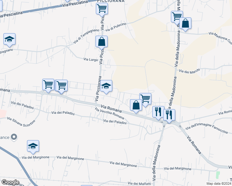 map of restaurants, bars, coffee shops, grocery stores, and more near 171a Via Fonda in Lucca