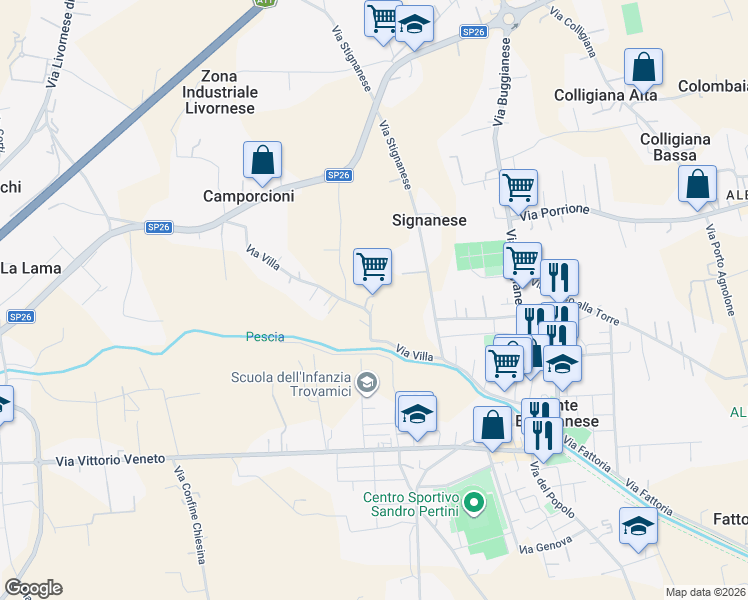 map of restaurants, bars, coffee shops, grocery stores, and more near 6 Via Villa in Pistoia