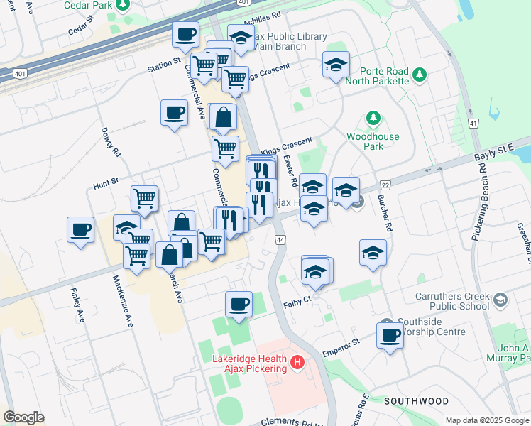 map of restaurants, bars, coffee shops, grocery stores, and more near 350 Harwood Avenue South in Ajax
