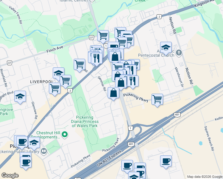 map of restaurants, bars, coffee shops, grocery stores, and more near in Pickering