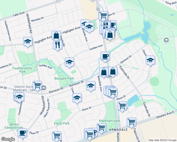 map of restaurants, bars, coffee shops, grocery stores, and more near 46 Coleluke Lane in Markham