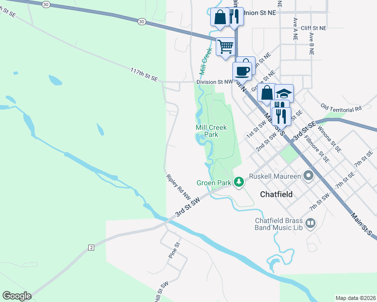map of restaurants, bars, coffee shops, grocery stores, and more near 46-116 Ripley Road Northwest in Chatfield