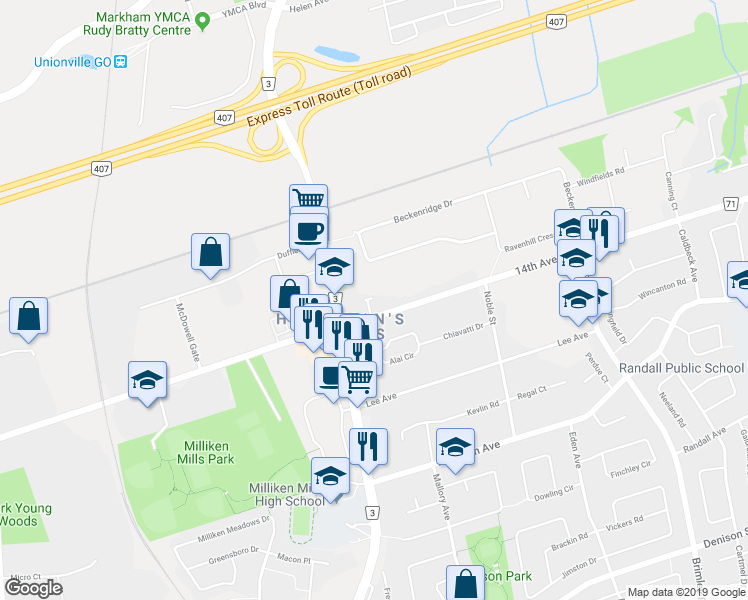 map of restaurants, bars, coffee shops, grocery stores, and more near 13 Bethune Way in Markham
