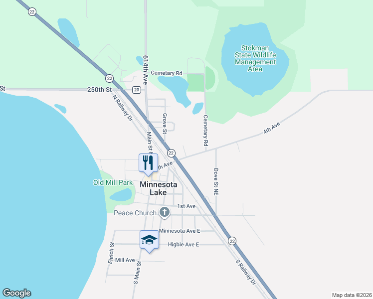 map of restaurants, bars, coffee shops, grocery stores, and more near 411 Water Street in Minnesota Lake