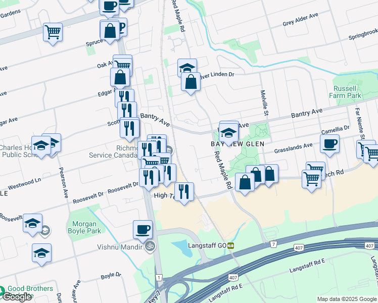 map of restaurants, bars, coffee shops, grocery stores, and more near 105 Oneida Crescent in Richmond Hill
