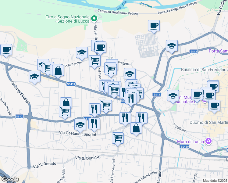 map of restaurants, bars, coffee shops, grocery stores, and more near 139 Via Don Giovanni Minzoni in Lucca