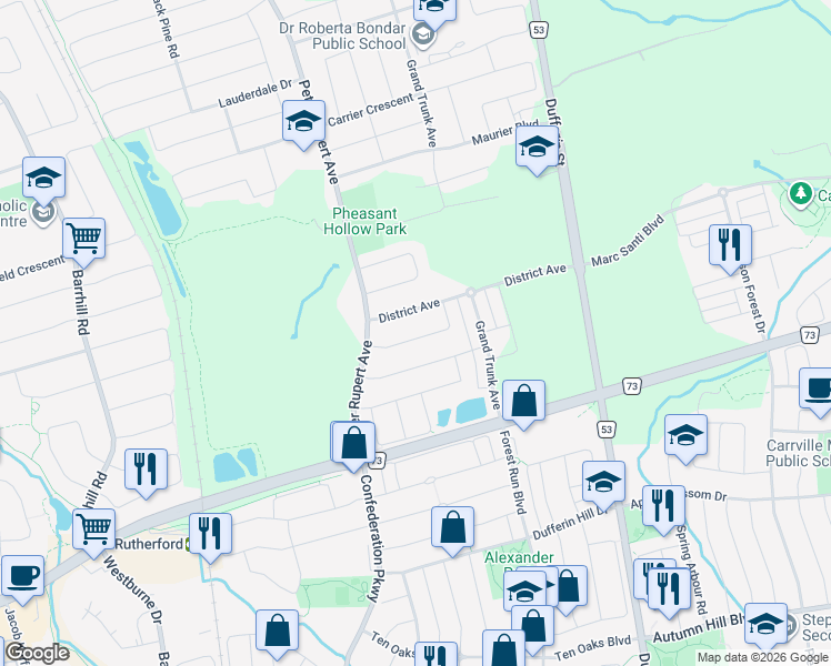 map of restaurants, bars, coffee shops, grocery stores, and more near 50 Paperbark Avenue in Vaughan