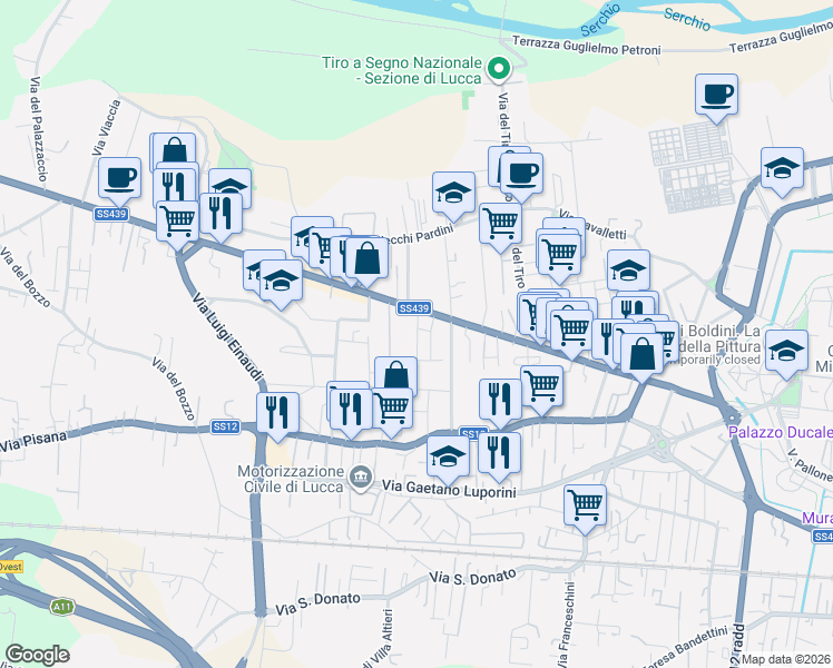 map of restaurants, bars, coffee shops, grocery stores, and more near 777 Viale G. Puccini in Lucca