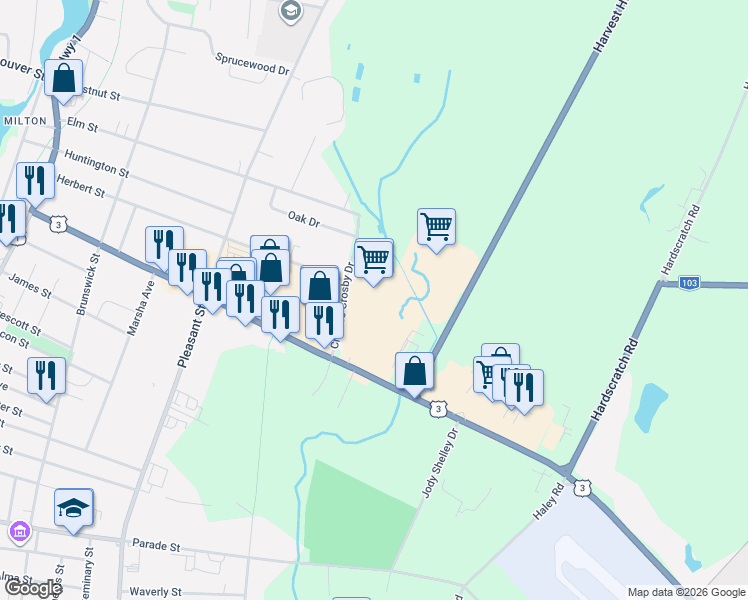 map of restaurants, bars, coffee shops, grocery stores, and more near Charles Crosby Drive in Yarmouth