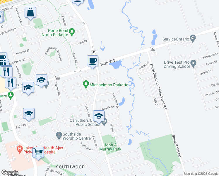 map of restaurants, bars, coffee shops, grocery stores, and more near 151 Angier Crescent in Ajax
