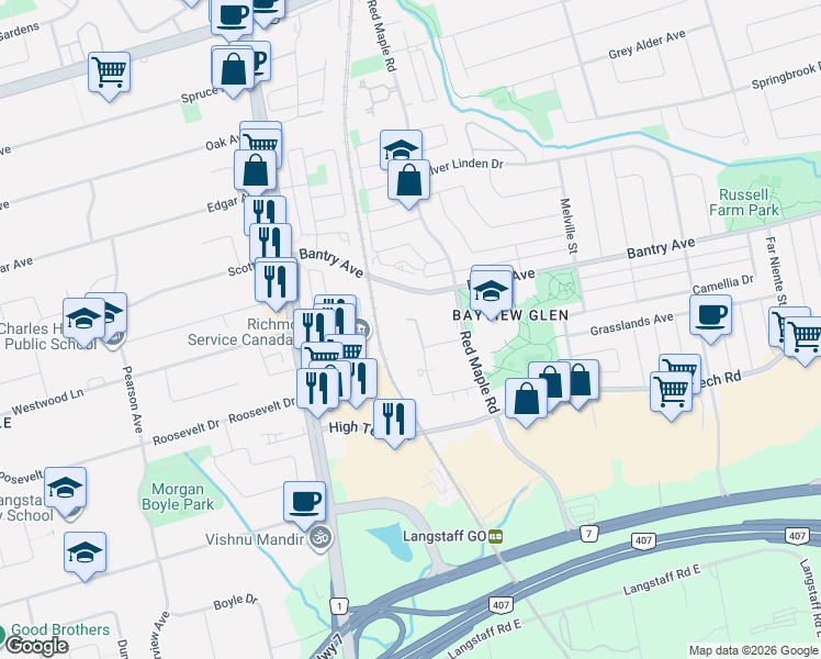 map of restaurants, bars, coffee shops, grocery stores, and more near 105 Oneida Crescent in Richmond Hill