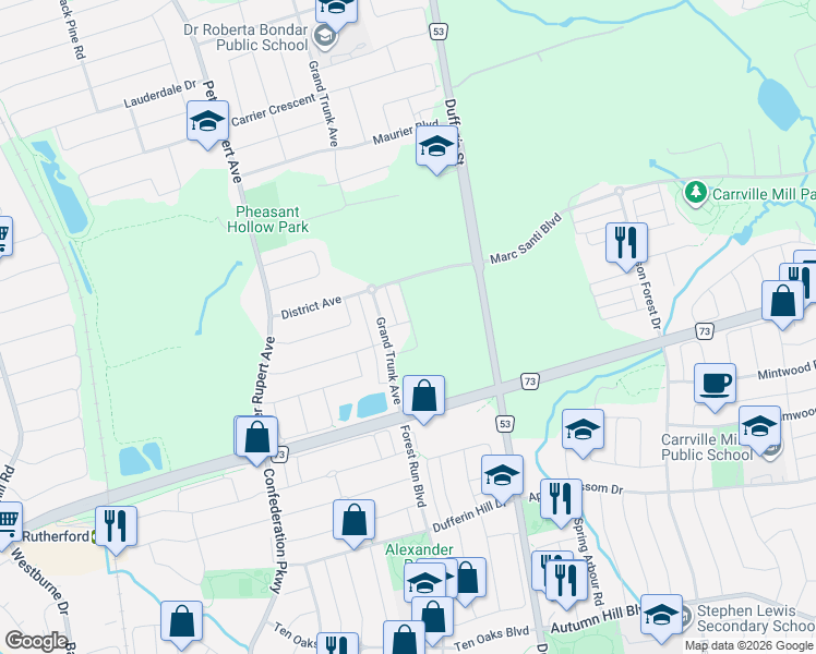 map of restaurants, bars, coffee shops, grocery stores, and more near 3 Grand Trunk Avenue in Vaughan