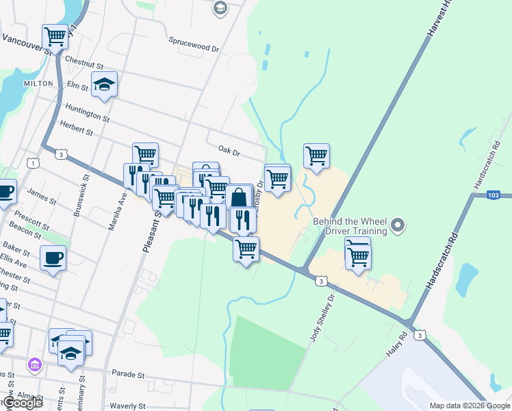 map of restaurants, bars, coffee shops, grocery stores, and more near Charles Crosby Drive in Yarmouth