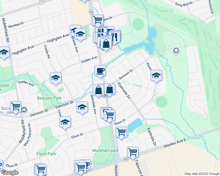 map of restaurants, bars, coffee shops, grocery stores, and more near in Markham