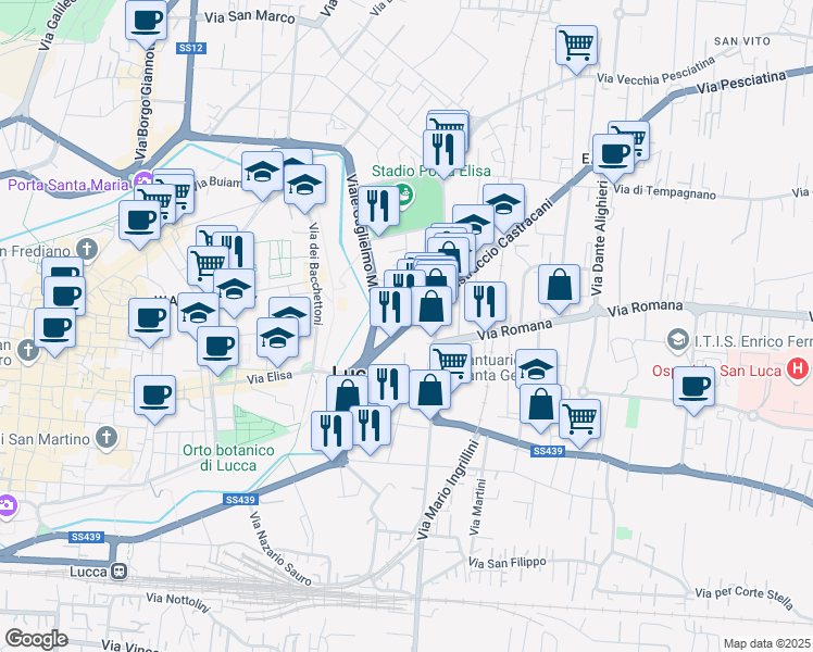 map of restaurants, bars, coffee shops, grocery stores, and more near 29 Via di Tiglio in Lucca