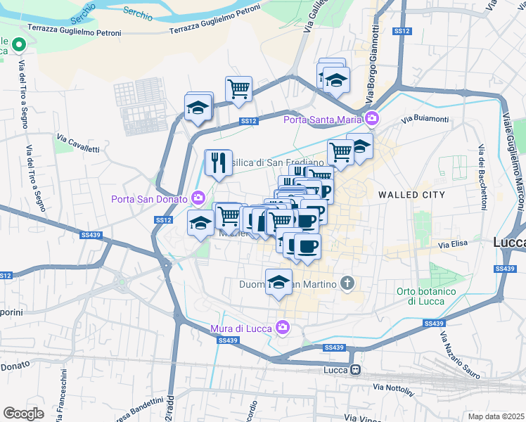 map of restaurants, bars, coffee shops, grocery stores, and more near 61 Via San Giorgio in Lucca