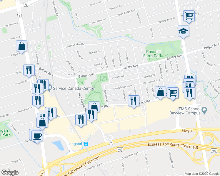 map of restaurants, bars, coffee shops, grocery stores, and more near 16 Grasslands Avenue in Richmond Hill