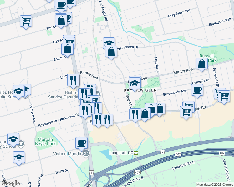 map of restaurants, bars, coffee shops, grocery stores, and more near 185 Oneida Crescent in Richmond Hill