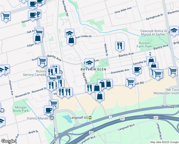 map of restaurants, bars, coffee shops, grocery stores, and more near 155 Red Maple Road in Richmond Hill