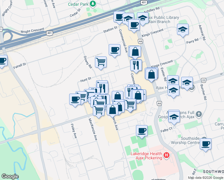 map of restaurants, bars, coffee shops, grocery stores, and more near 2 Talbotshire Street in Ajax