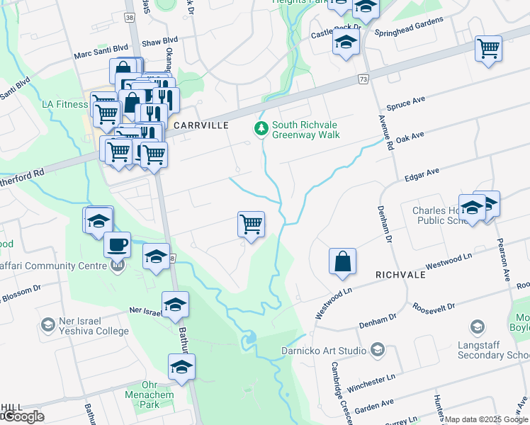 map of restaurants, bars, coffee shops, grocery stores, and more near 10 Udine Court in Richmond Hill