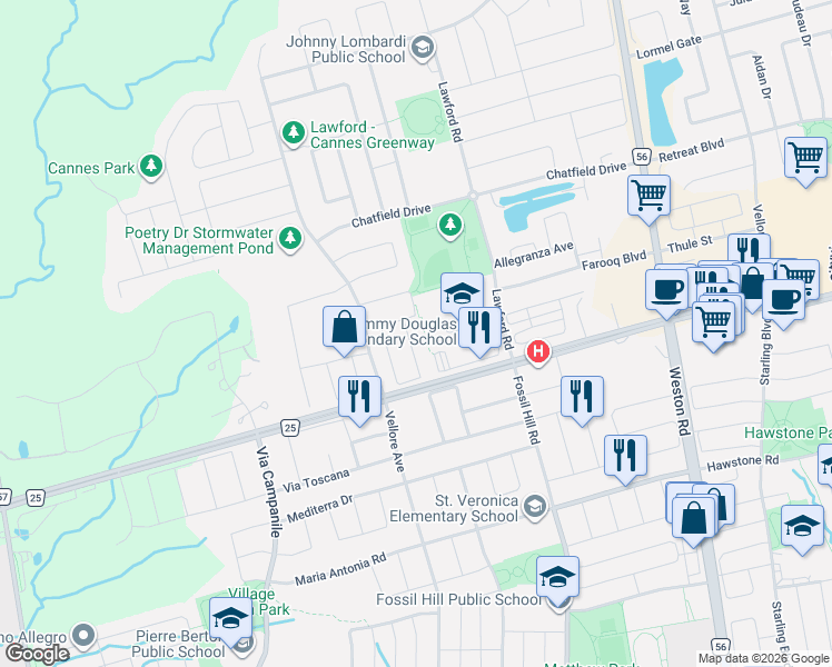 map of restaurants, bars, coffee shops, grocery stores, and more near 128 Hatton Garden Road in Vaughan