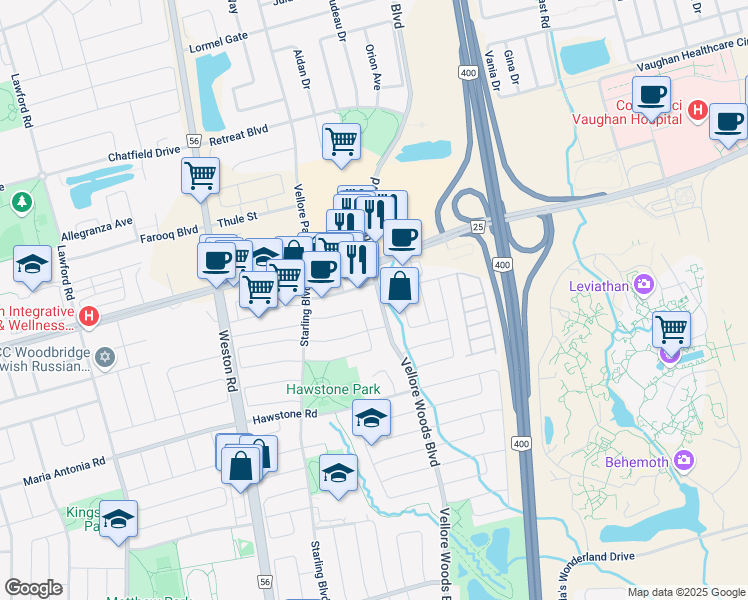 map of restaurants, bars, coffee shops, grocery stores, and more near 584 Vellore Woods Boulevard in Vaughan
