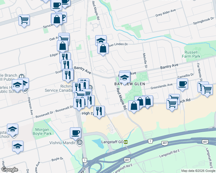 map of restaurants, bars, coffee shops, grocery stores, and more near in Richmond Hill