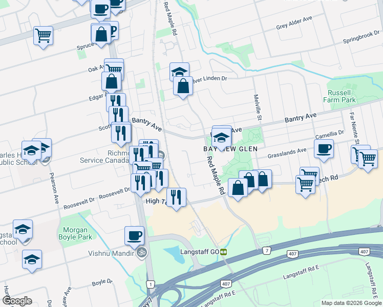 map of restaurants, bars, coffee shops, grocery stores, and more near 185 Oneida Crescent in Richmond Hill