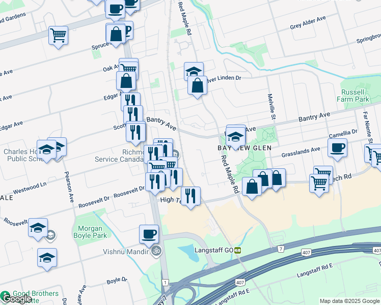 map of restaurants, bars, coffee shops, grocery stores, and more near in Richmond Hill