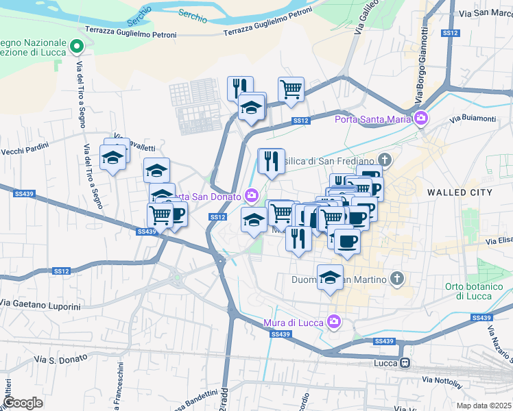 map of restaurants, bars, coffee shops, grocery stores, and more near 49 Via delle Conce in Lucca