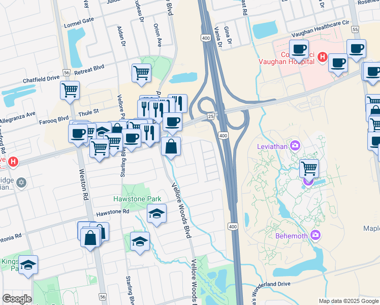 map of restaurants, bars, coffee shops, grocery stores, and more near 118 Timberwolf Crescent in Vaughan