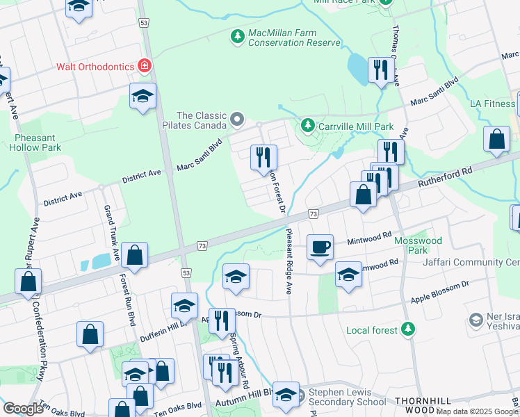 map of restaurants, bars, coffee shops, grocery stores, and more near 94 Carrville Woods Circle in Vaughan