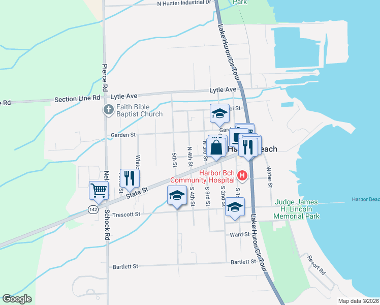 map of restaurants, bars, coffee shops, grocery stores, and more near 227 North 4th Street in Harbor Beach