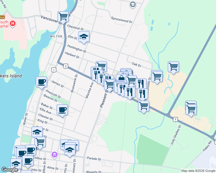 map of restaurants, bars, coffee shops, grocery stores, and more near 68 Starrs Road in Yarmouth